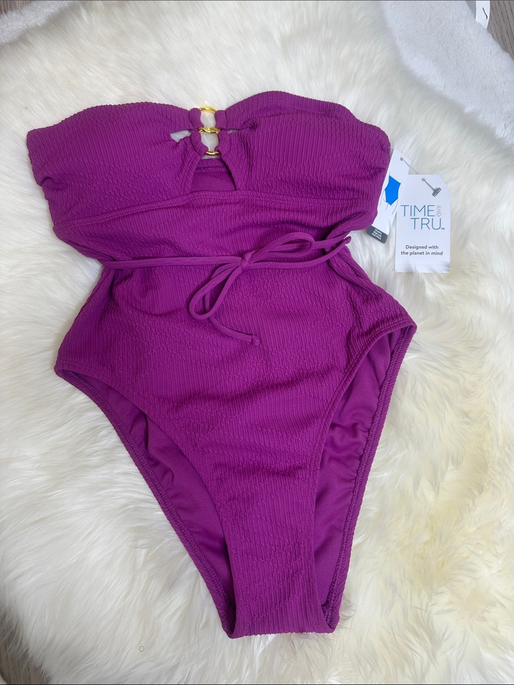 🆕NWT Time and Tru Magenta Textured One-Piece Swimsuit with Gold Rings